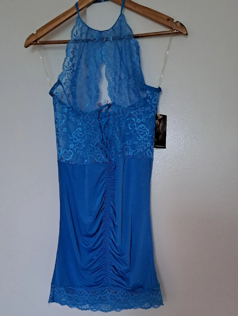 Coquette Lace Halter Chemise Mini Dress in Teal Blue